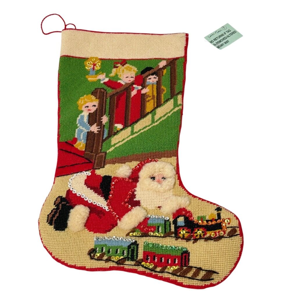 Handmade Bucilla Needlepoint Christmas Stocking Santa Train Kids Felt Sequins, B